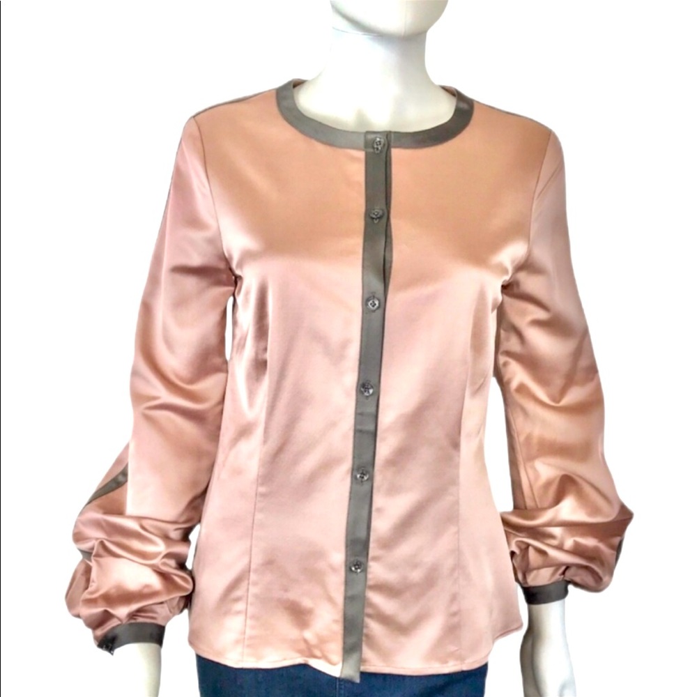CAROLINA HERRERA | Dusty Pink and Grey Wool Blend Satin Button Down Blouse Sz. 2